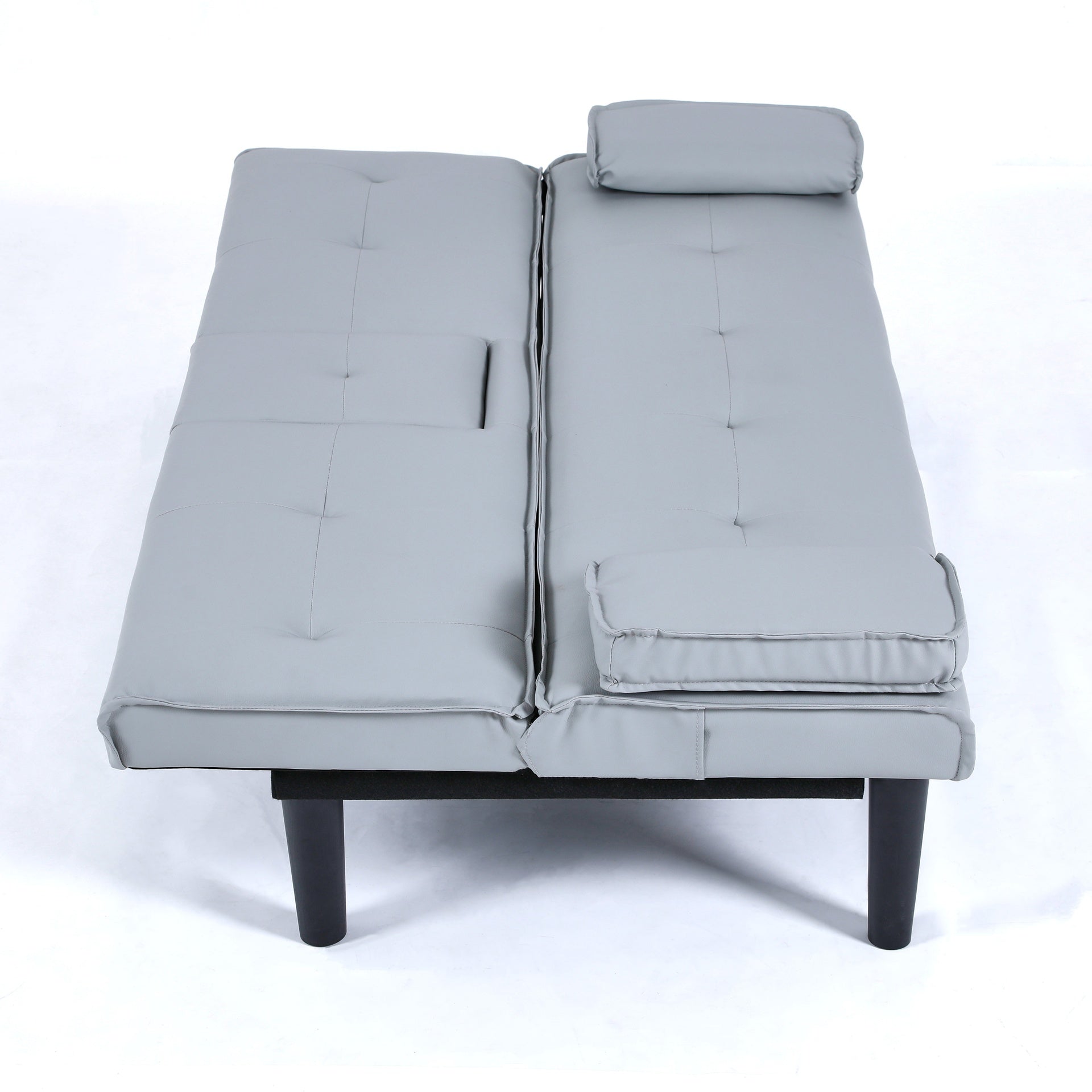 The 67-inch light gray PVC multi-functional sofa bed, with a foldable and cup holder design, makes it extremely convenient to turn the living room into a guest room