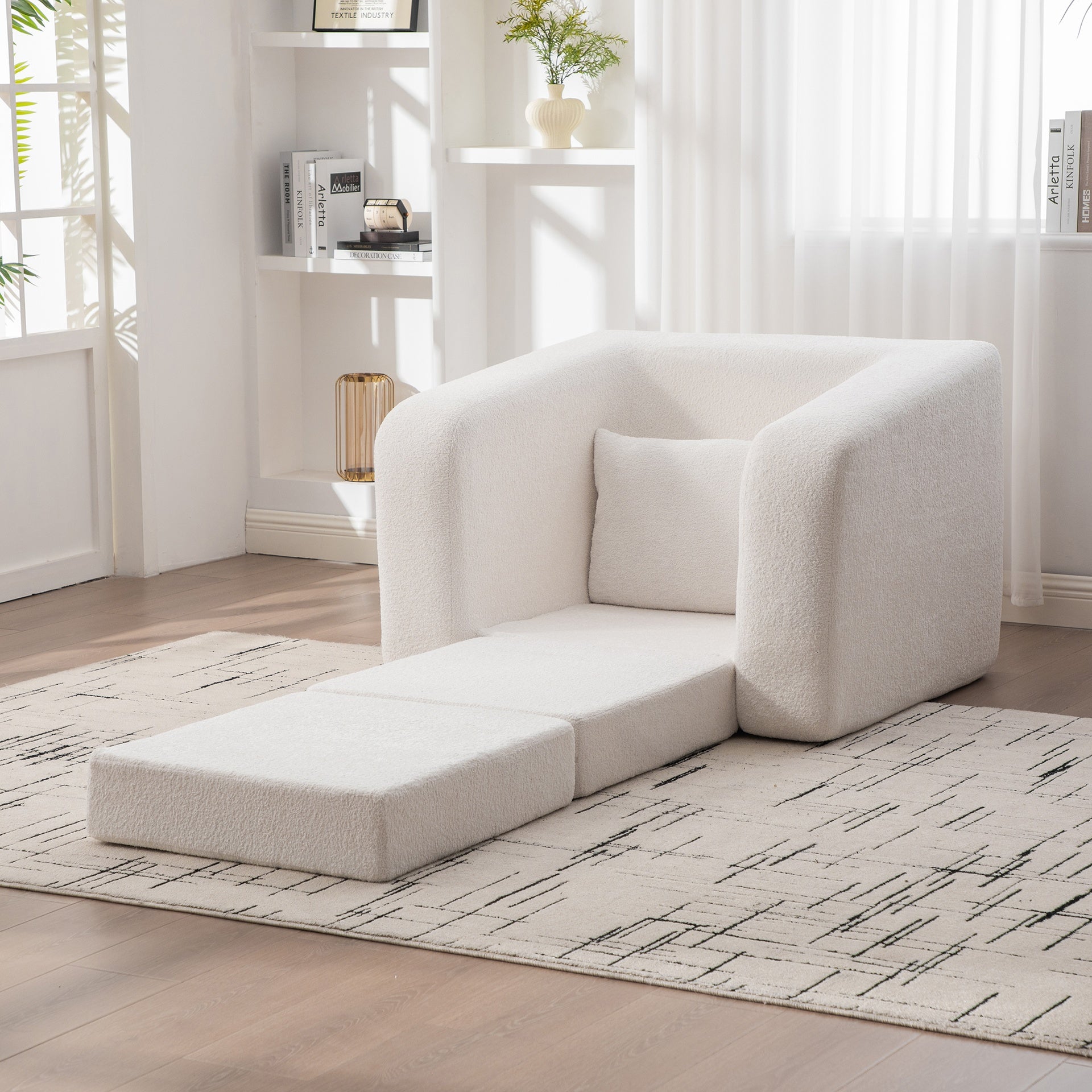 40" Foldable Single Sofa Bed with Armrest & Backrest, Convertible Chenille Boneless Cloud Floor Mattress Sleeper Lounge Accent Chair with Pillow for Apartment Living Room Bedroom Dorm Guestroom, Ivory