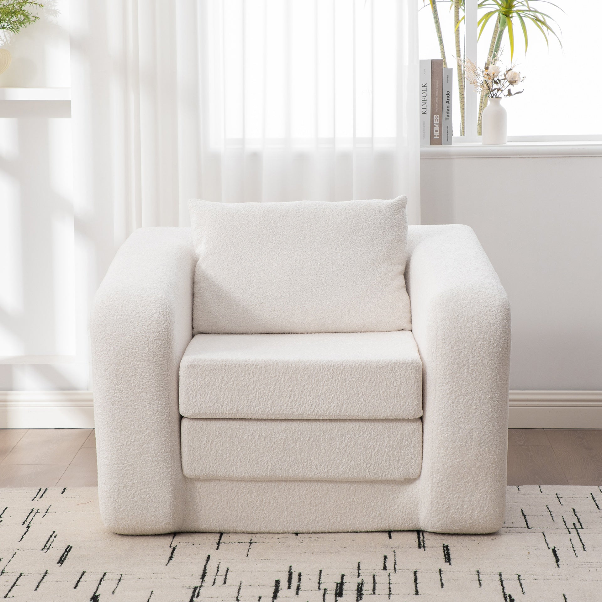 40" Foldable Single Sofa Bed with Armrest & Backrest, Convertible Chenille Boneless Cloud Floor Mattress Sleeper Lounge Accent Chair with Pillow for Apartment Living Room Bedroom Dorm Guestroom, Ivory
