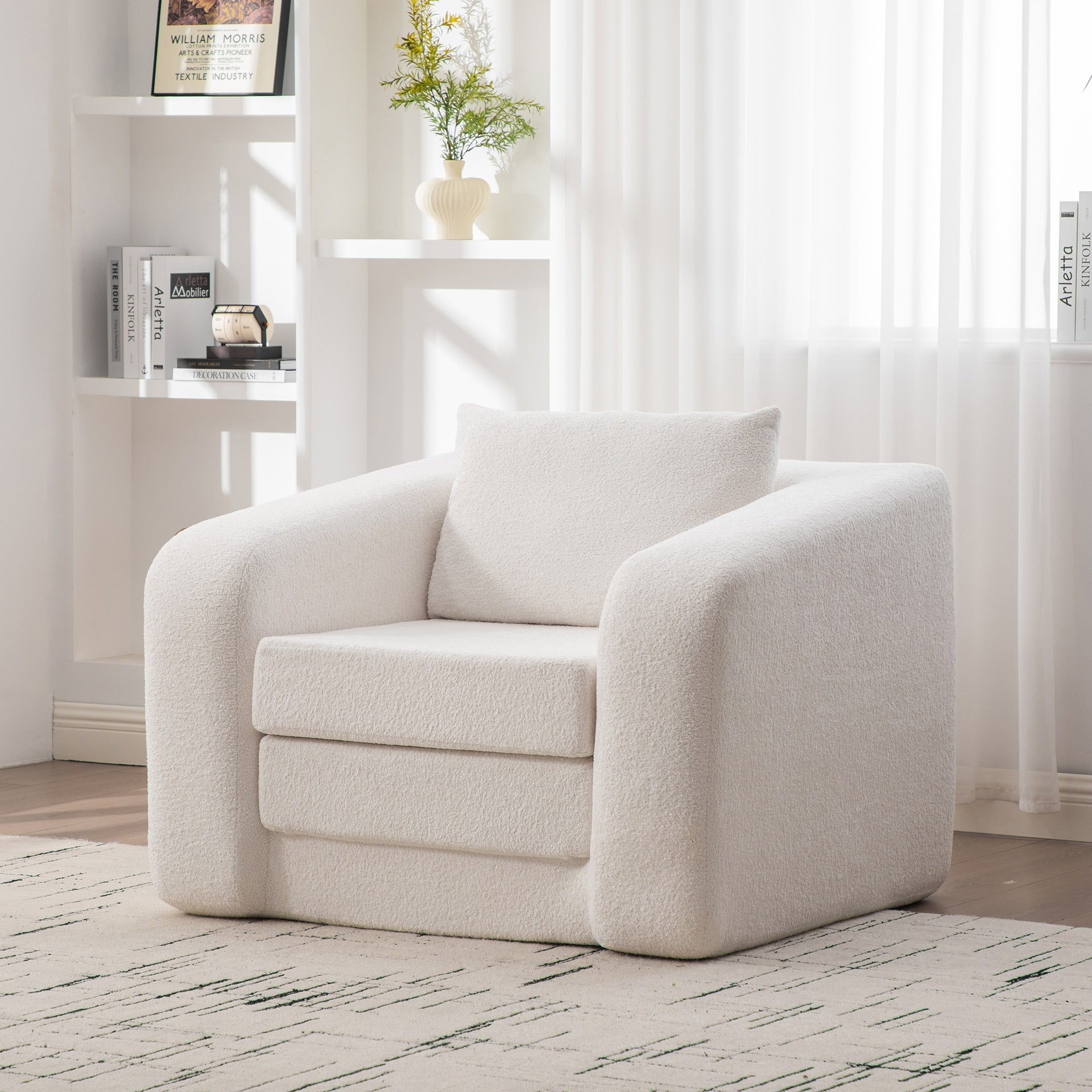 40" Foldable Single Sofa Bed with Armrest & Backrest, Convertible Chenille Boneless Cloud Floor Mattress Sleeper Lounge Accent Chair with Pillow for Apartment Living Room Bedroom Dorm Guestroom, Ivory