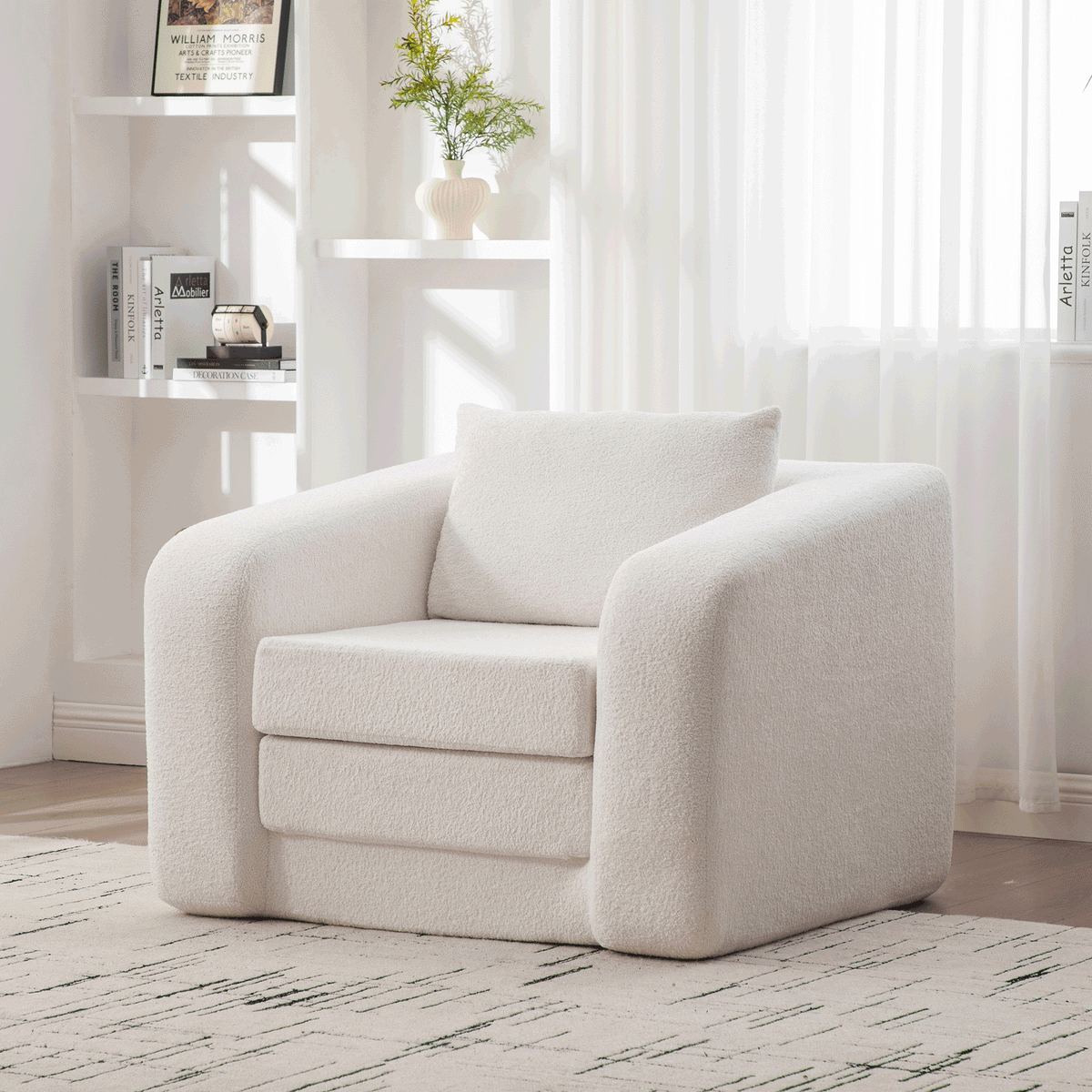 40" Foldable Single Sofa Bed with Armrest & Backrest, Convertible Chenille Boneless Cloud Floor Mattress Sleeper Lounge Accent Chair with Pillow for Apartment Living Room Bedroom Dorm Guestroom, Ivory