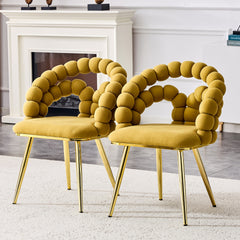 Set of 4 Yellow Puffy Bubble Chair Ball Chain Chair Velvet Dining Chairs with Gold Legs, Modern Upholstered Accent Chairs for Dining Room & Kitchen