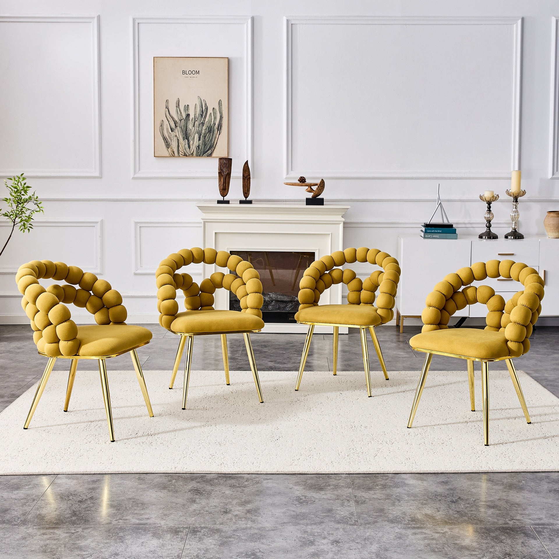 Set of 4 Yellow Puffy Bubble Chair Ball Chain Chair Velvet Dining Chairs with Gold Legs, Modern Upholstered Accent Chairs for Dining Room & Kitchen