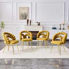 Set of 4 Yellow Puffy Bubble Chair Ball Chain Chair Velvet Dining Chairs with Gold Legs, Modern Upholstered Accent Chairs for Dining Room & Kitchen
