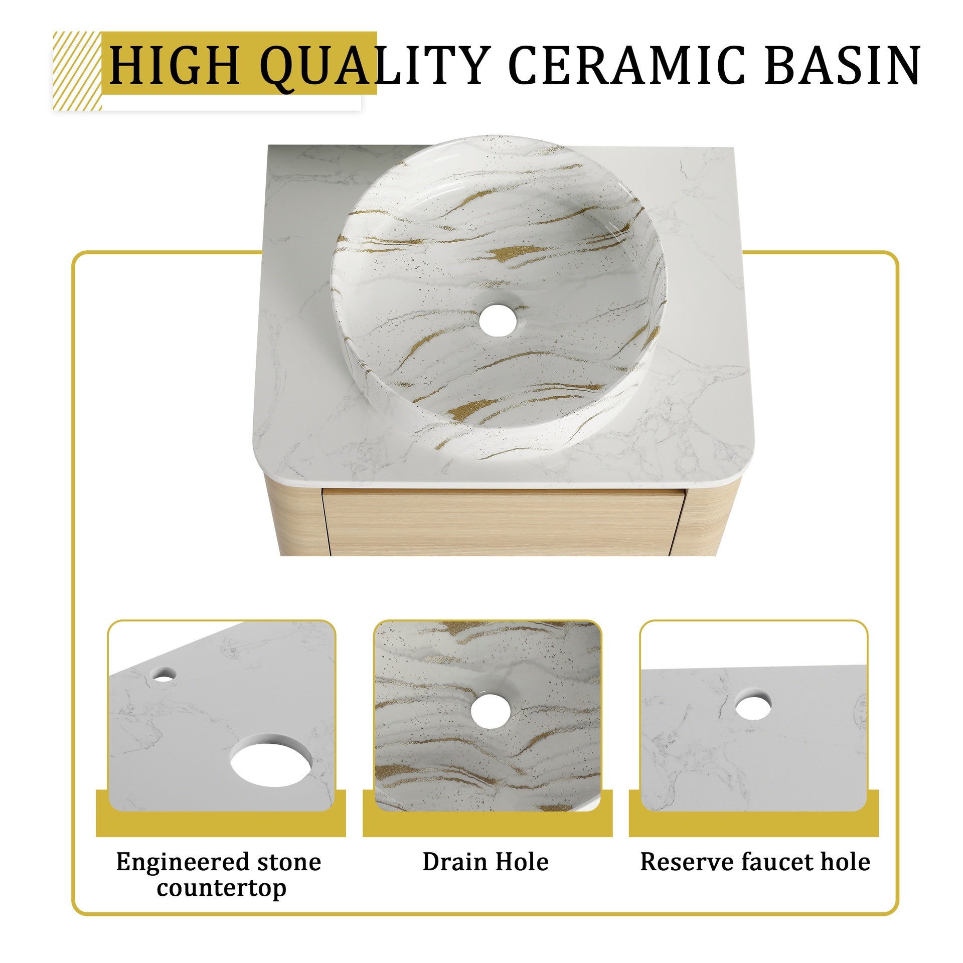 24'' Wall-Mounted Bathroom Vanity With Ceramic Art Sink & 1-Soft-Close Door, KD-Packing, Plywood