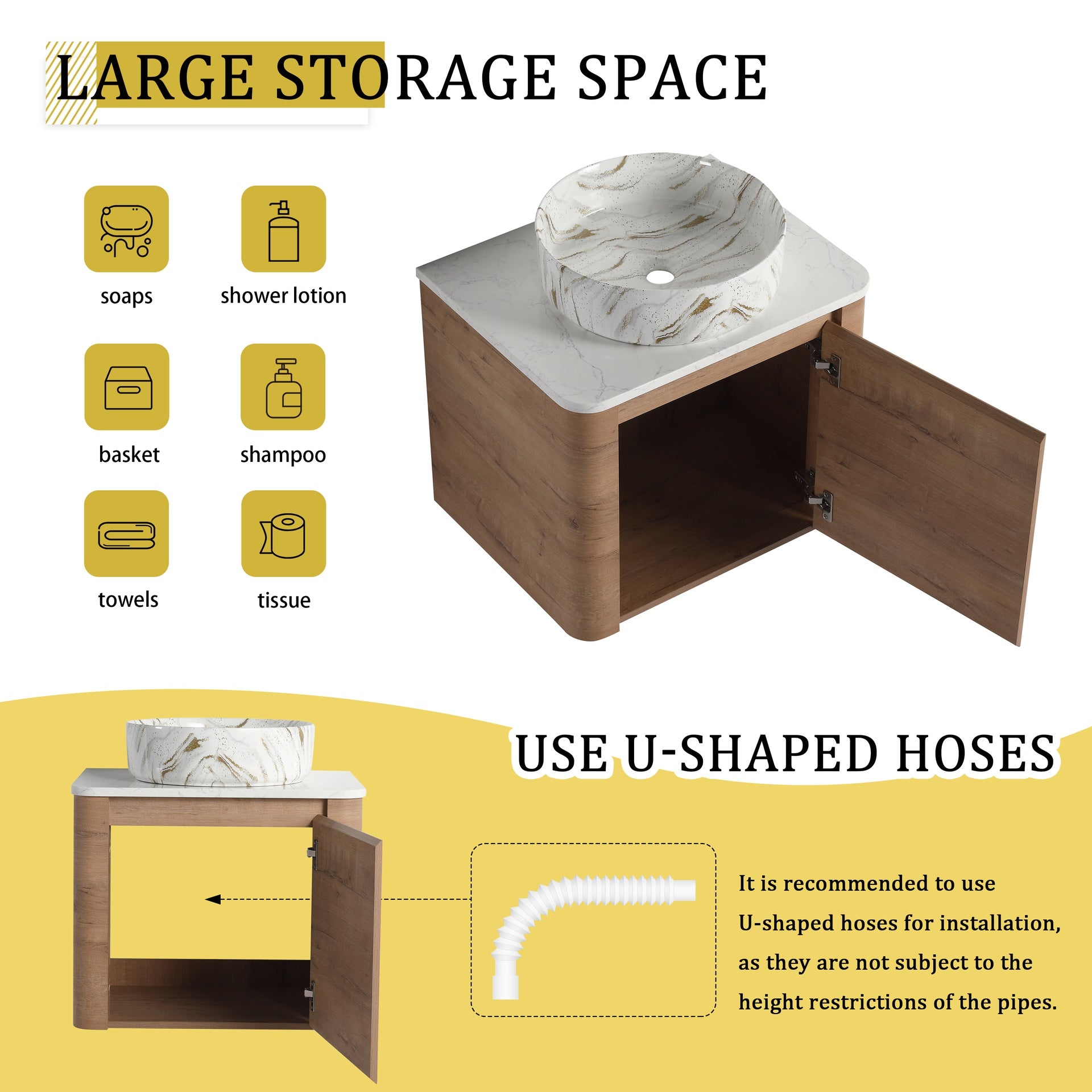 24'' Wall-Mounted Bathroom Vanity With Ceramic Art Sink & 1-Soft-Close Door, KD-Packing, Plywood