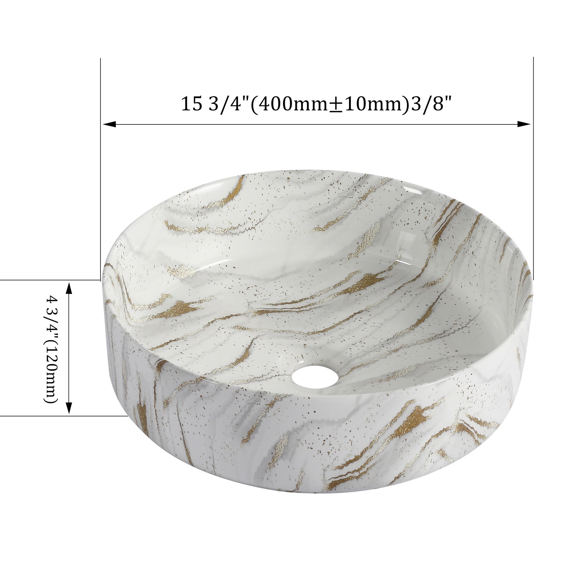 Ceramic Round Above Counter Bathroom Sink Art Basin, White Background With Golden Lines (BAA0014012PP)