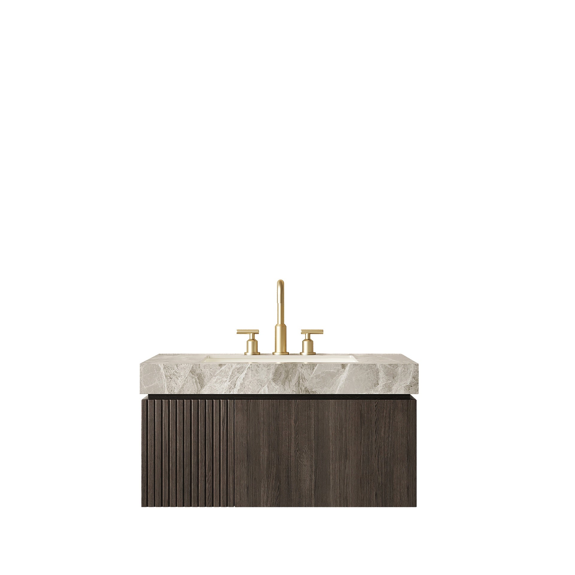 MURI 36" Bathroom Vanity&Sink, Floating Plywood Storage Cabinet with Drawer&Door, Light Gray Sintered Stone Top&Ceramic Basin with 3 Pre-drilled Faucet Holes, Pre-assembled, Espresso Woodgrain Color