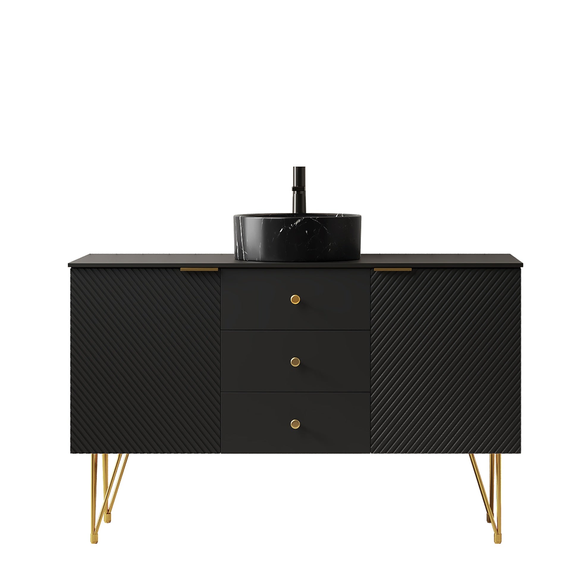 GEMA 48" Bathroom Vanity&Sink, Freestanding Plywood Storage Cabinet with Gold Legs, 3 Drawers and 2 Doors, Black Stone Pattern Bowl Ceramic Vessel Basin&Black Sintered Stone Top, Pre-assembled, Black