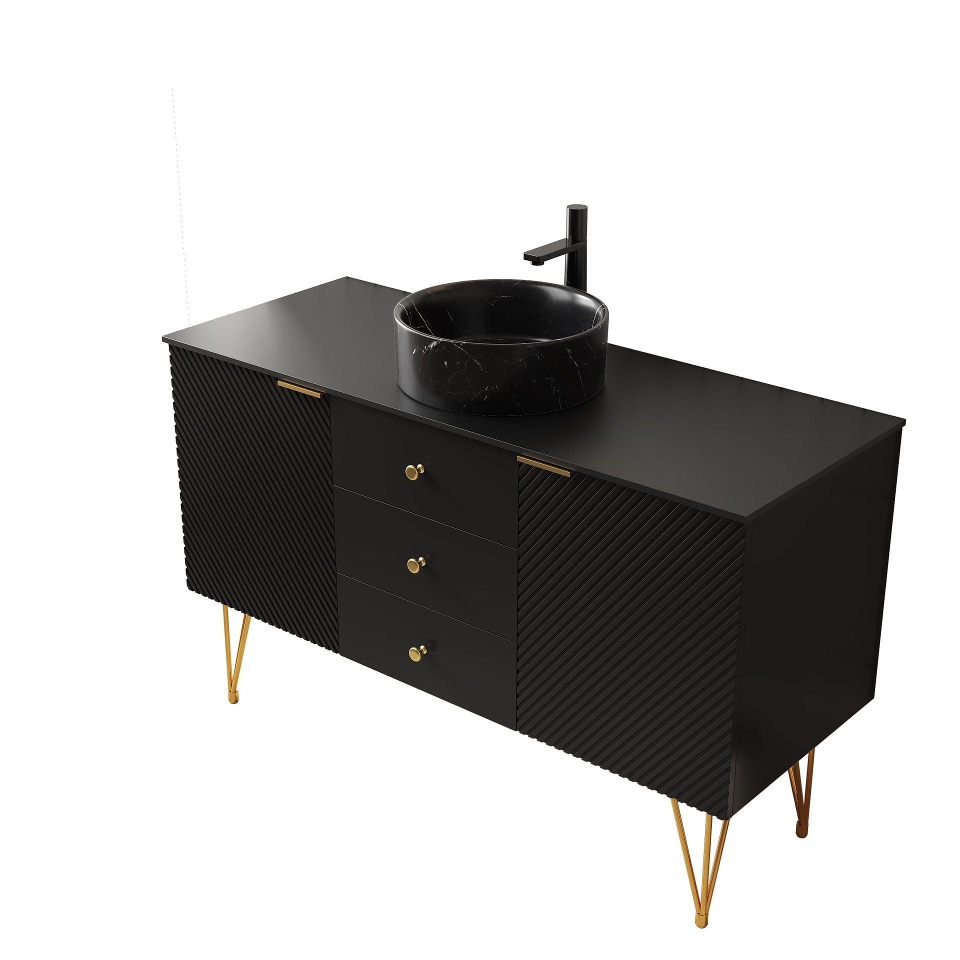 GEMA 48" Bathroom Vanity&Sink, Freestanding Plywood Storage Cabinet with Gold Legs, 3 Drawers and 2 Doors, Black Stone Pattern Bowl Ceramic Vessel Basin&Black Sintered Stone Top, Pre-assembled, Black