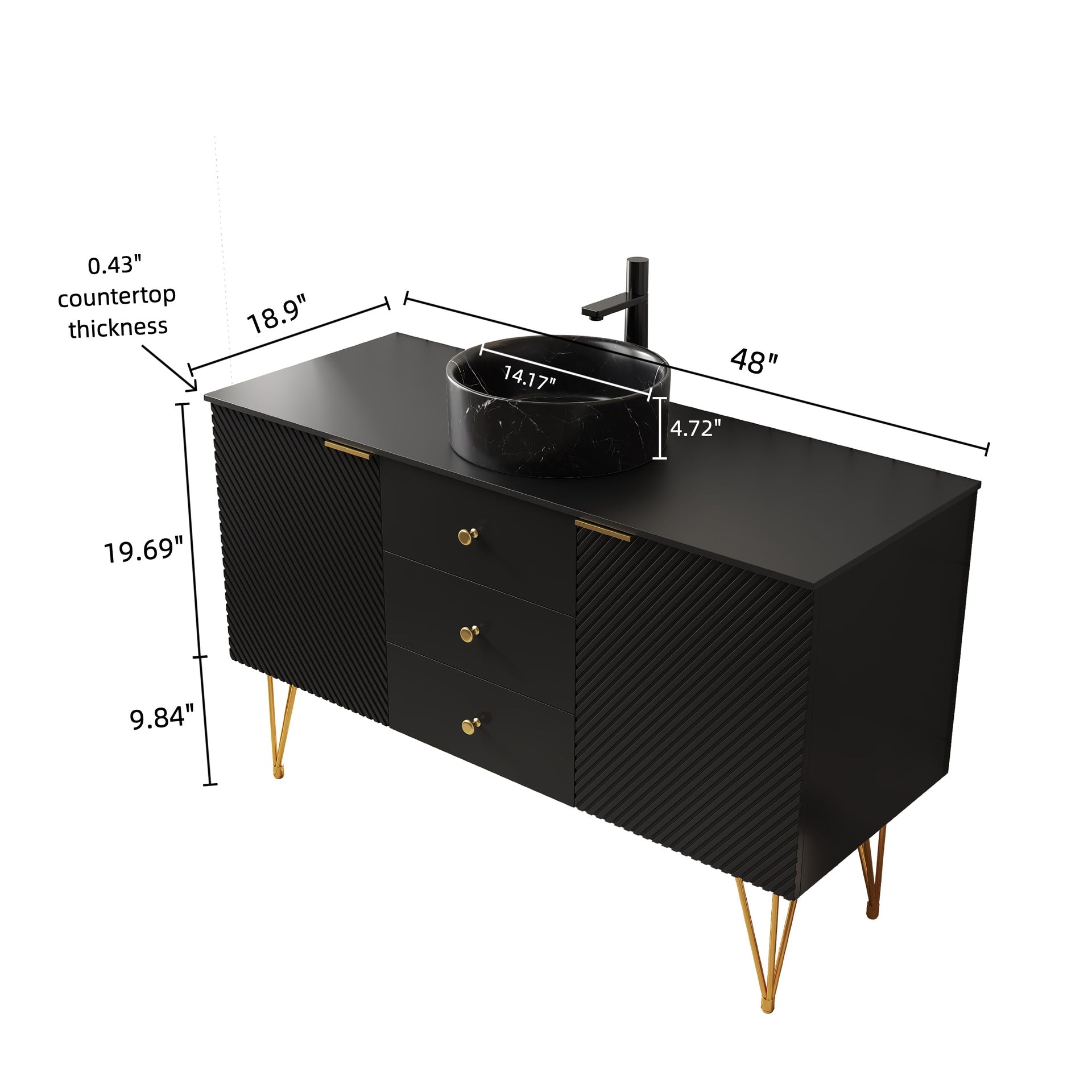 GEMA 48" Bathroom Vanity&Sink, Freestanding Plywood Storage Cabinet with Gold Legs, 3 Drawers and 2 Doors, Black Stone Pattern Bowl Ceramic Vessel Basin&Black Sintered Stone Top, Pre-assembled, Black
