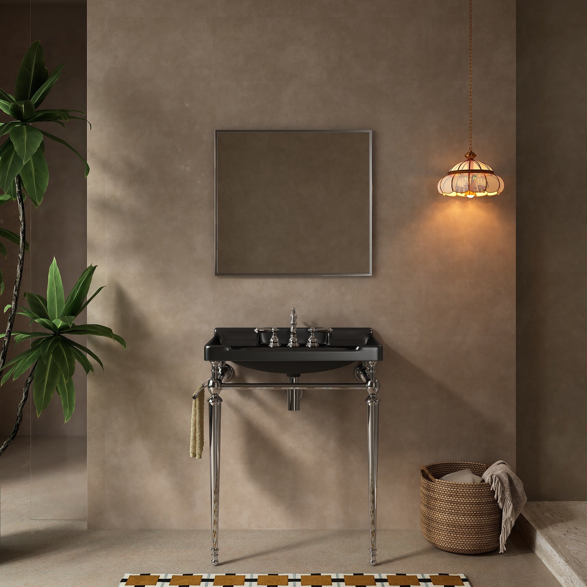 VICI 28" Bathroom Console Sink, Wall-Mounted Black Ceramic Vanity Basin with 3 Pre-drilled Faucet Holes, Freestanding Stainless Steel Support Legs with Towel Bar, No Faucet & Sink Cover, Chrome Color