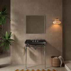 VICI 28" Bathroom Console Sink, Wall-Mounted Black Ceramic Vanity Basin with 3 Pre-drilled Faucet Holes, Freestanding Stainless Steel Support Legs with Towel Bar, No Faucet & Sink Cover, Chrome Color