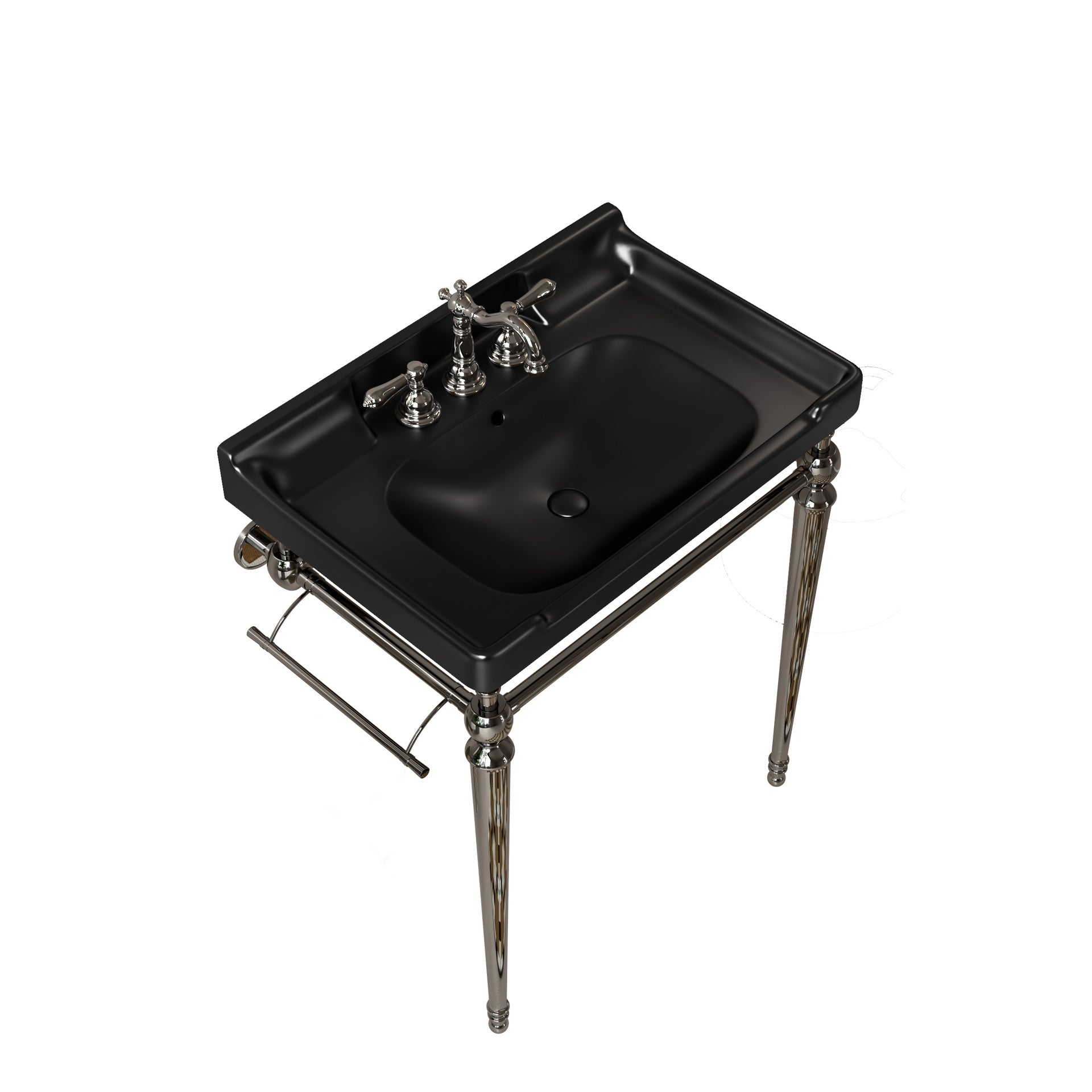 VICI 28" Bathroom Console Sink, Wall-Mounted Black Ceramic Vanity Basin with 3 Pre-drilled Faucet Holes, Freestanding Stainless Steel Support Legs with Towel Bar, No Faucet & Sink Cover, Chrome Color