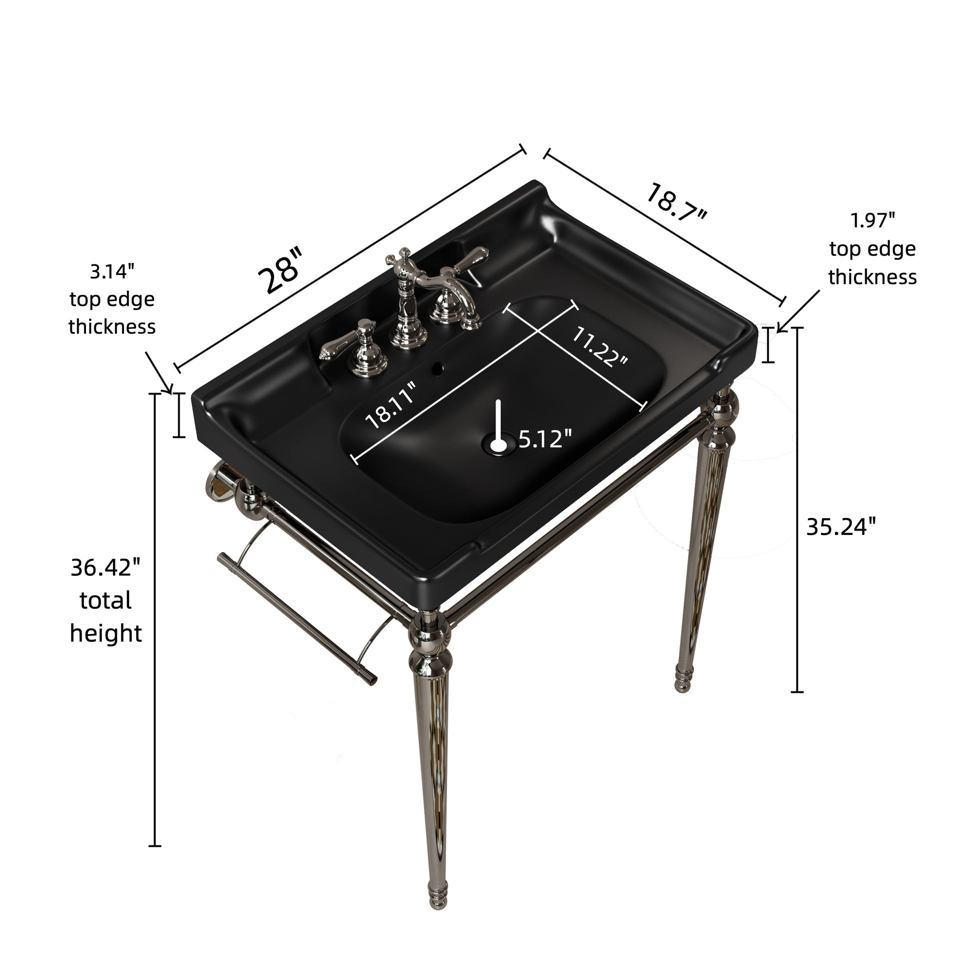 VICI 28" Bathroom Console Sink, Wall-Mounted Black Ceramic Vanity Basin with 3 Pre-drilled Faucet Holes, Freestanding Stainless Steel Support Legs with Towel Bar, No Faucet & Sink Cover, Chrome Color