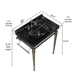 VICI 28" Bathroom Console Sink, Wall-Mounted Black Ceramic Vanity Basin with 3 Pre-drilled Faucet Holes, Freestanding Stainless Steel Support Legs with Towel Bar, No Faucet & Sink Cover, Chrome Color