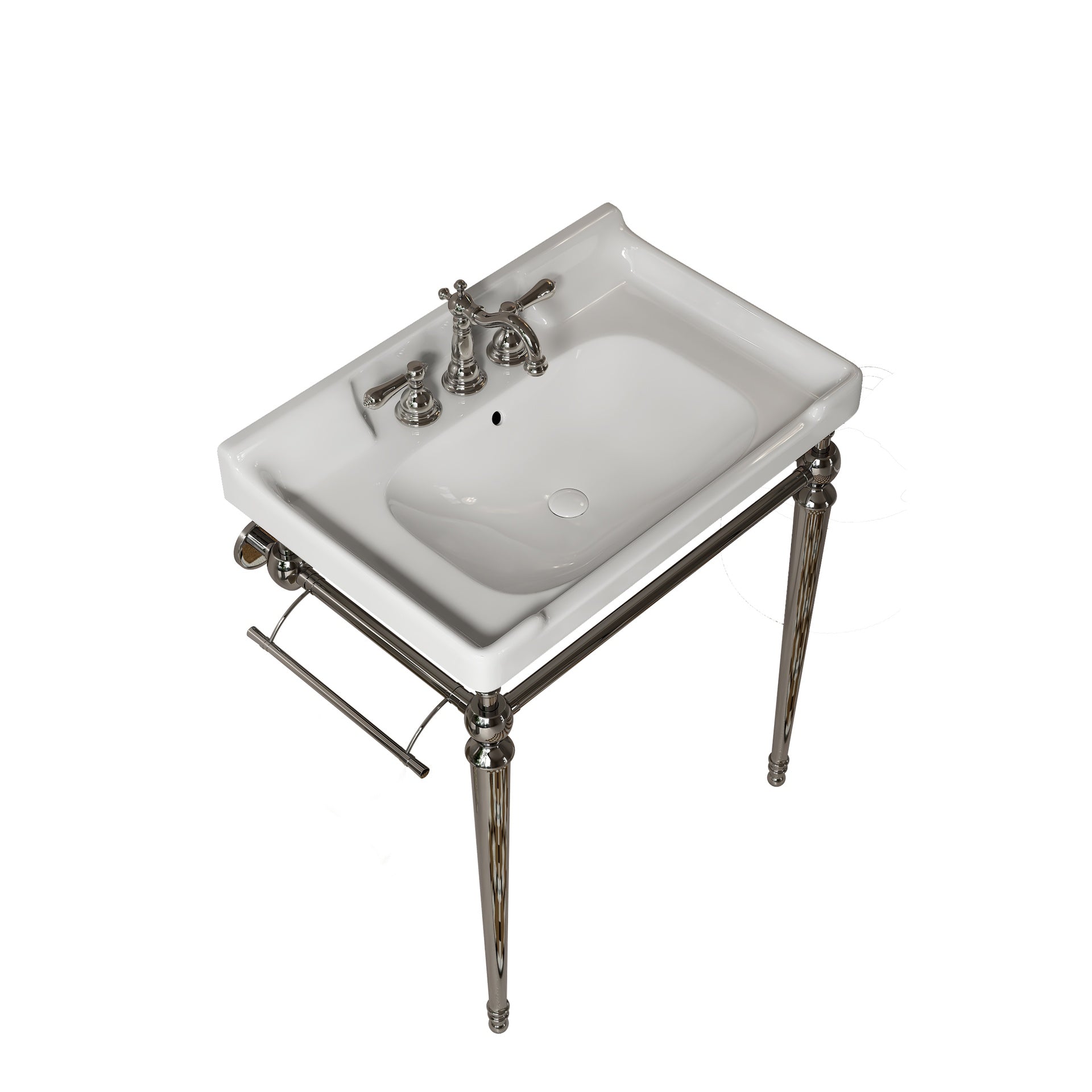 VICI 28" Bathroom Console Sink, Wall-Mounted White Ceramic Vanity Basin with 3 Pre-drilled Faucet Holes, Freestanding Stainless Steel Support Legs with Towel Bar, No Faucet & Sink Cover, Chrome Color