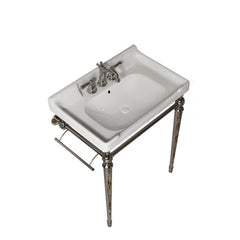 VICI 28" Bathroom Console Sink, Wall-Mounted White Ceramic Vanity Basin with 3 Pre-drilled Faucet Holes, Freestanding Stainless Steel Support Legs with Towel Bar, No Faucet & Sink Cover, Chrome Color
