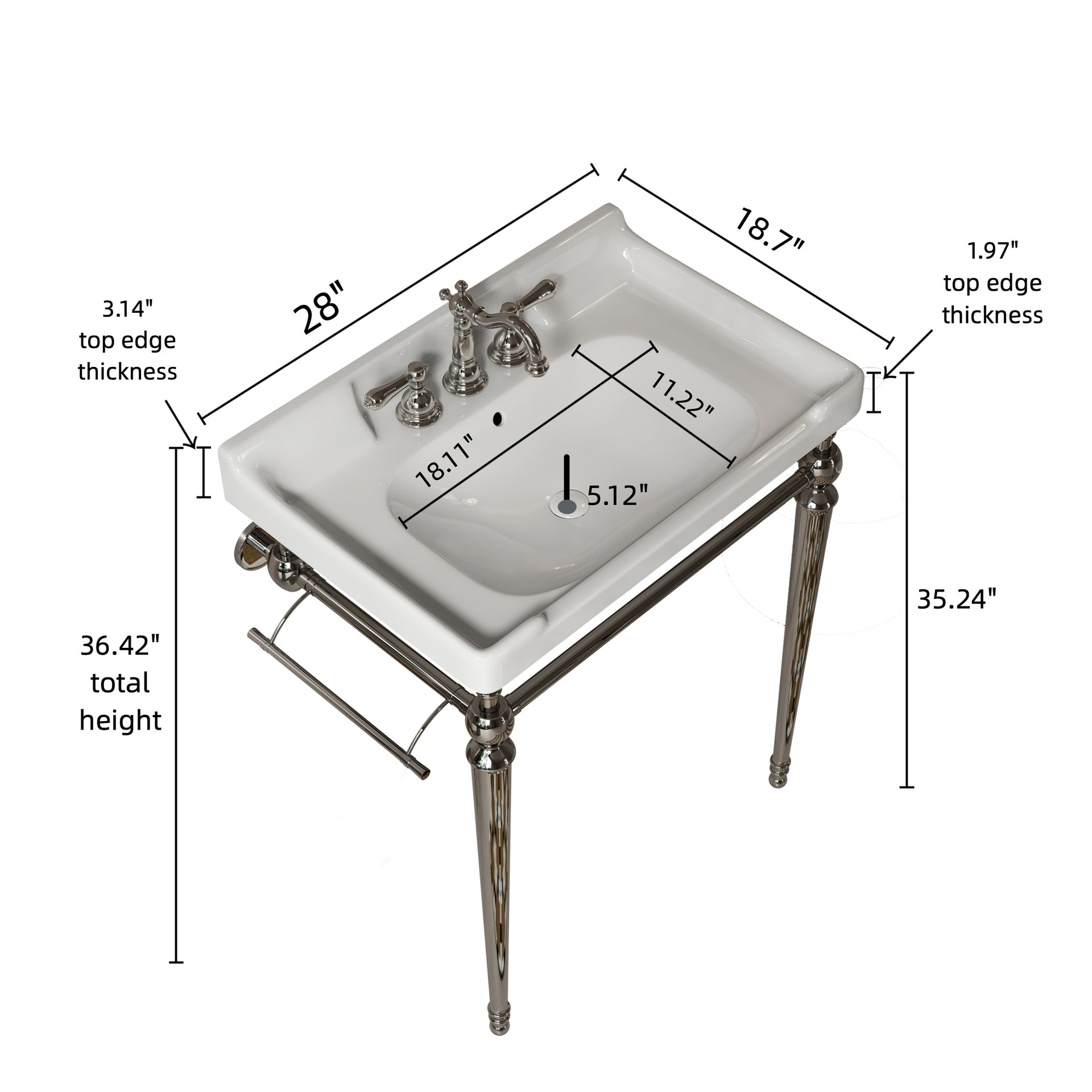 VICI 28" Bathroom Console Sink, Wall-Mounted White Ceramic Vanity Basin with 3 Pre-drilled Faucet Holes, Freestanding Stainless Steel Support Legs with Towel Bar, No Faucet & Sink Cover, Chrome Color