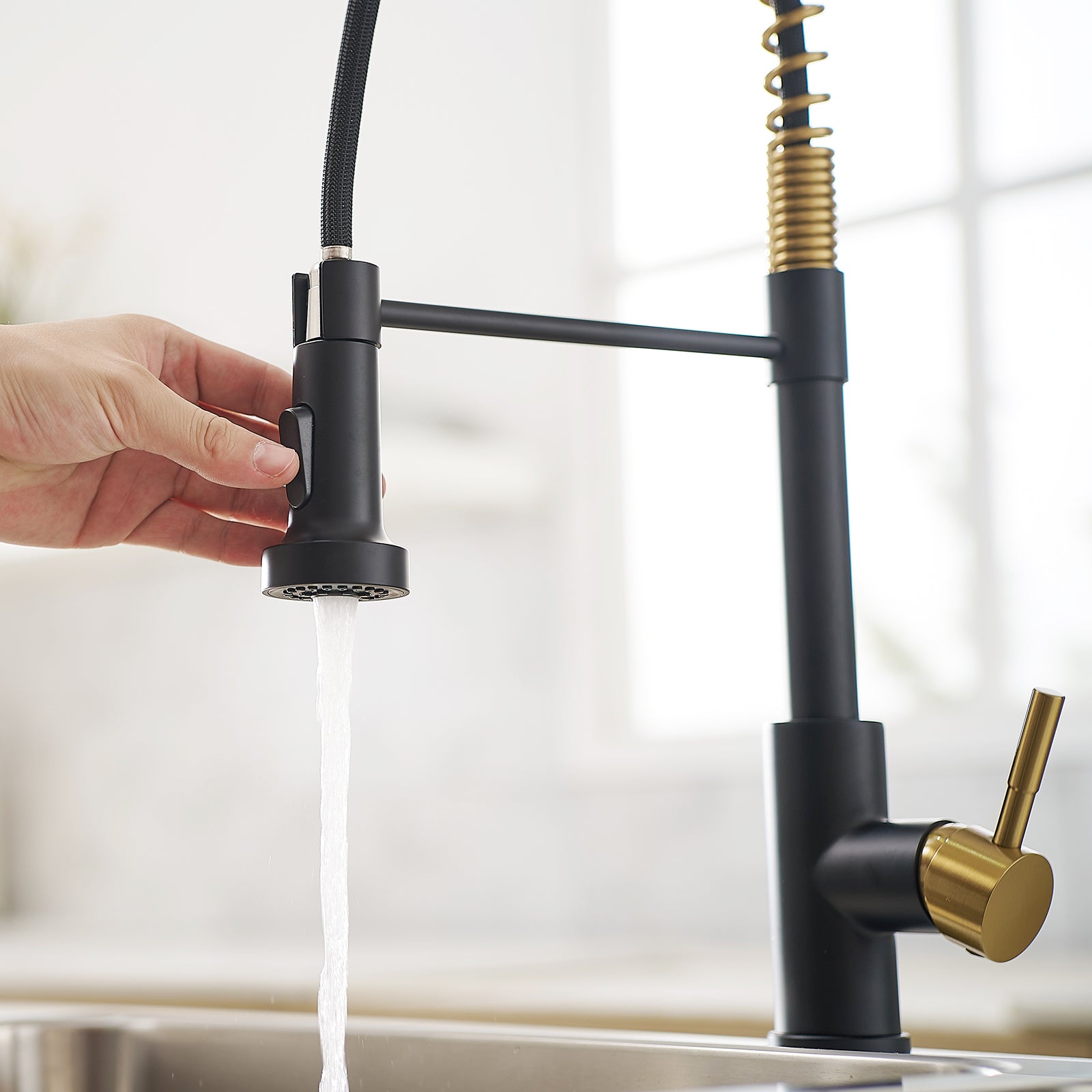 Commercial Black and Nickel Gold Kitchen Faucet with Pull Out Sprayer, Single Handle Single Lever Kitchen Sink Faucet