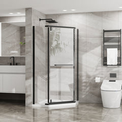 Goodyo Neo-Angle Frameless Shower Door 36 in. D x 36 in. W x 72 in. H Corner Shower Enclosure with White Acrylic Shower Base Combo, Pivot Shower Door in Matte Black Finish