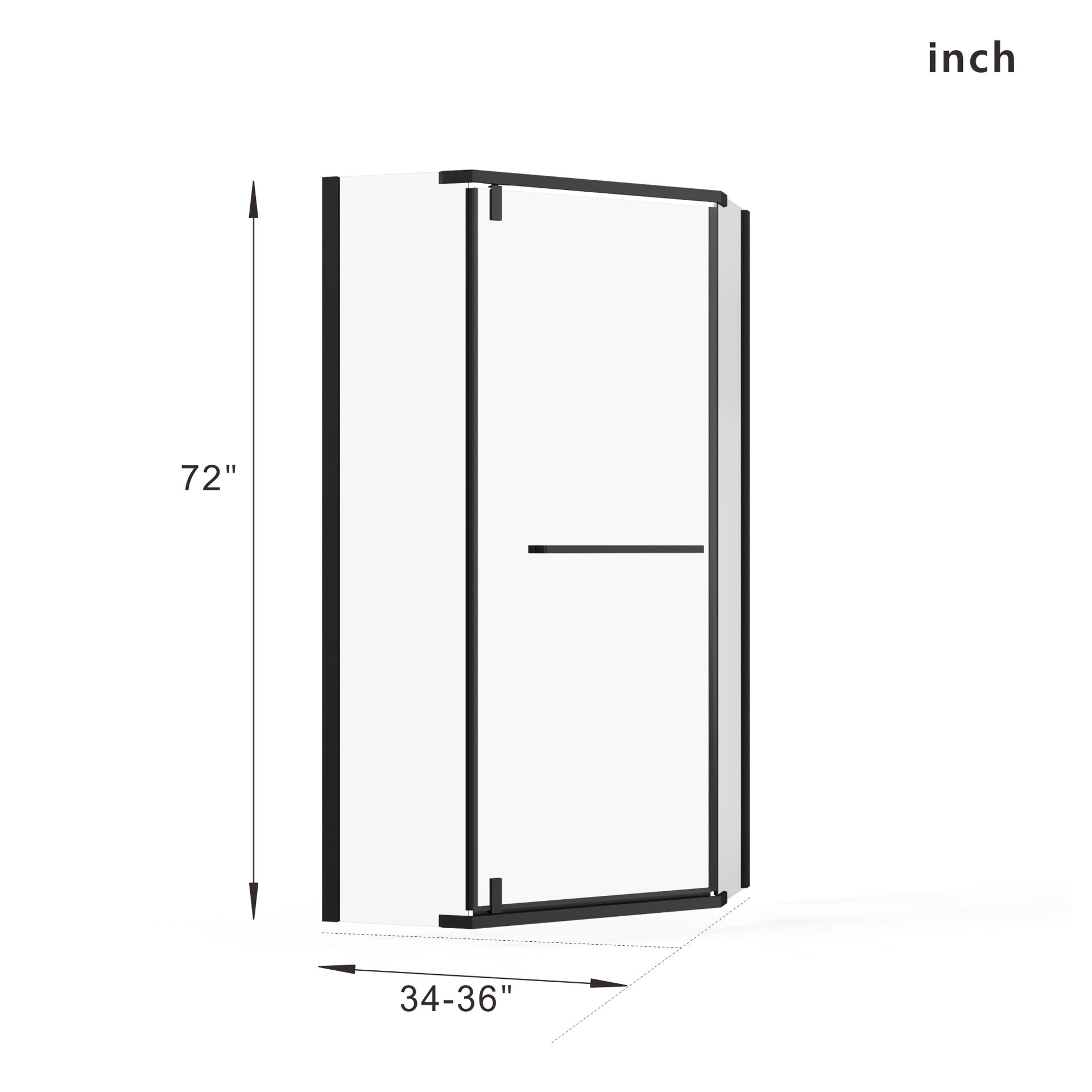 Goodyo Neo-Angle Frameless Shower Door 36 in. D x 36 in. W x 72 in. H Corner Shower Enclosure with White Acrylic Shower Base Combo, Pivot Shower Door in Matte Black Finish