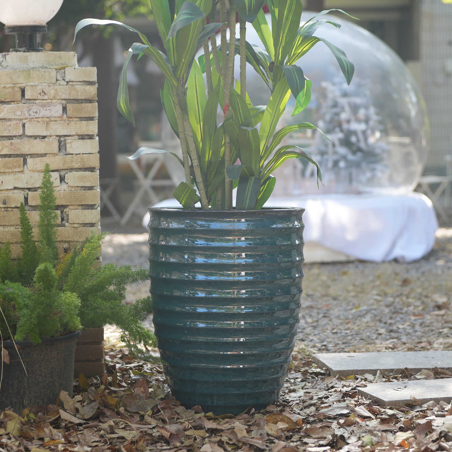 Handmade Deep Green Ceramic Planter, 17 Inch Diameter, 1 Piece, Horizontal Ripples Pattern, for Monstera and Fiddle Leaf Fig, Indoor & Outdoor Doorway Use, Breathable Clay