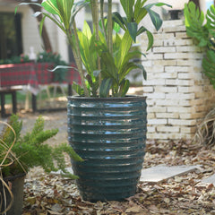 Handmade Deep Green Ceramic Planter, 17 Inch Diameter, 1 Piece, Horizontal Ripples Pattern, for Monstera and Fiddle Leaf Fig, Indoor & Outdoor Doorway Use, Breathable Clay