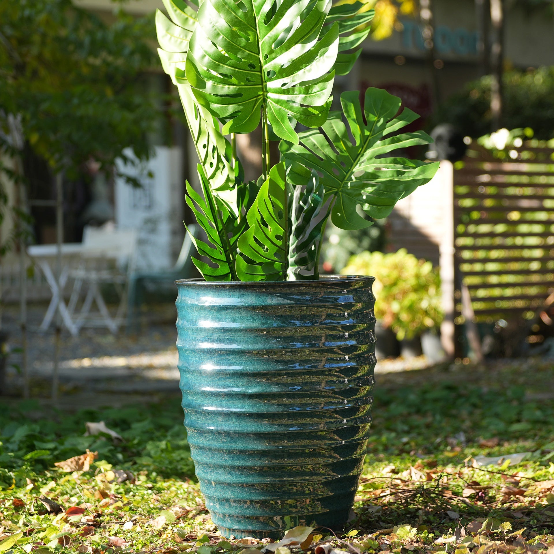Handmade Deep Green Ceramic Planter, 17 Inch Diameter, 1 Piece, Horizontal Ripples Pattern, for Monstera and Fiddle Leaf Fig, Indoor & Outdoor Doorway Use, Breathable Clay