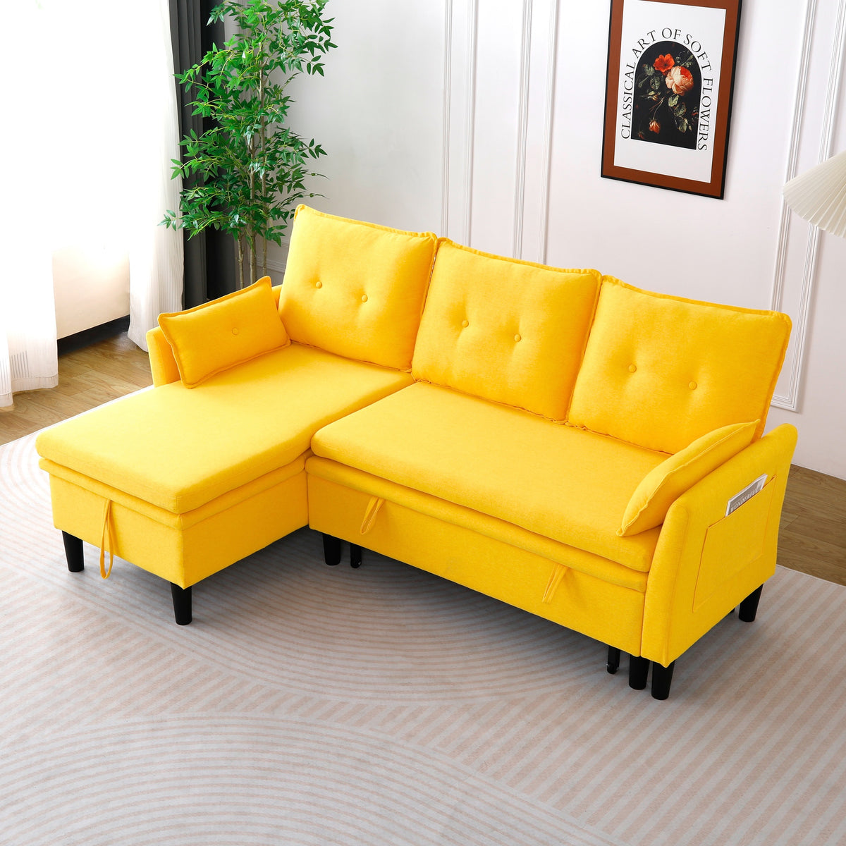 L-Shaped Reversible Chaise Sectional Sofa with Storage - Cotton-Linen, Yellow, Office & Apartment Ready