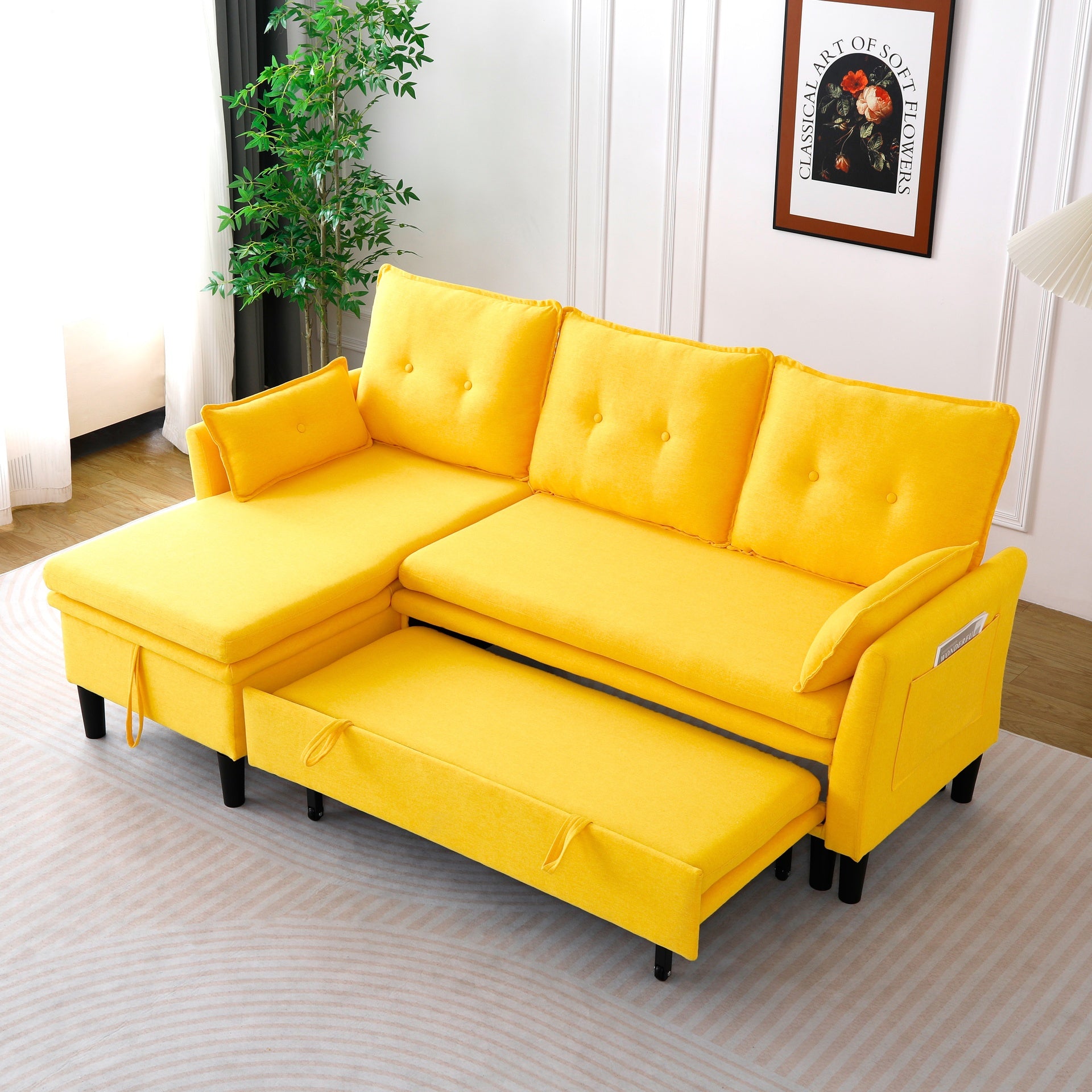 L-Shaped Reversible Chaise Sectional Sofa with Storage - Cotton-Linen, Yellow, Office & Apartment Ready
