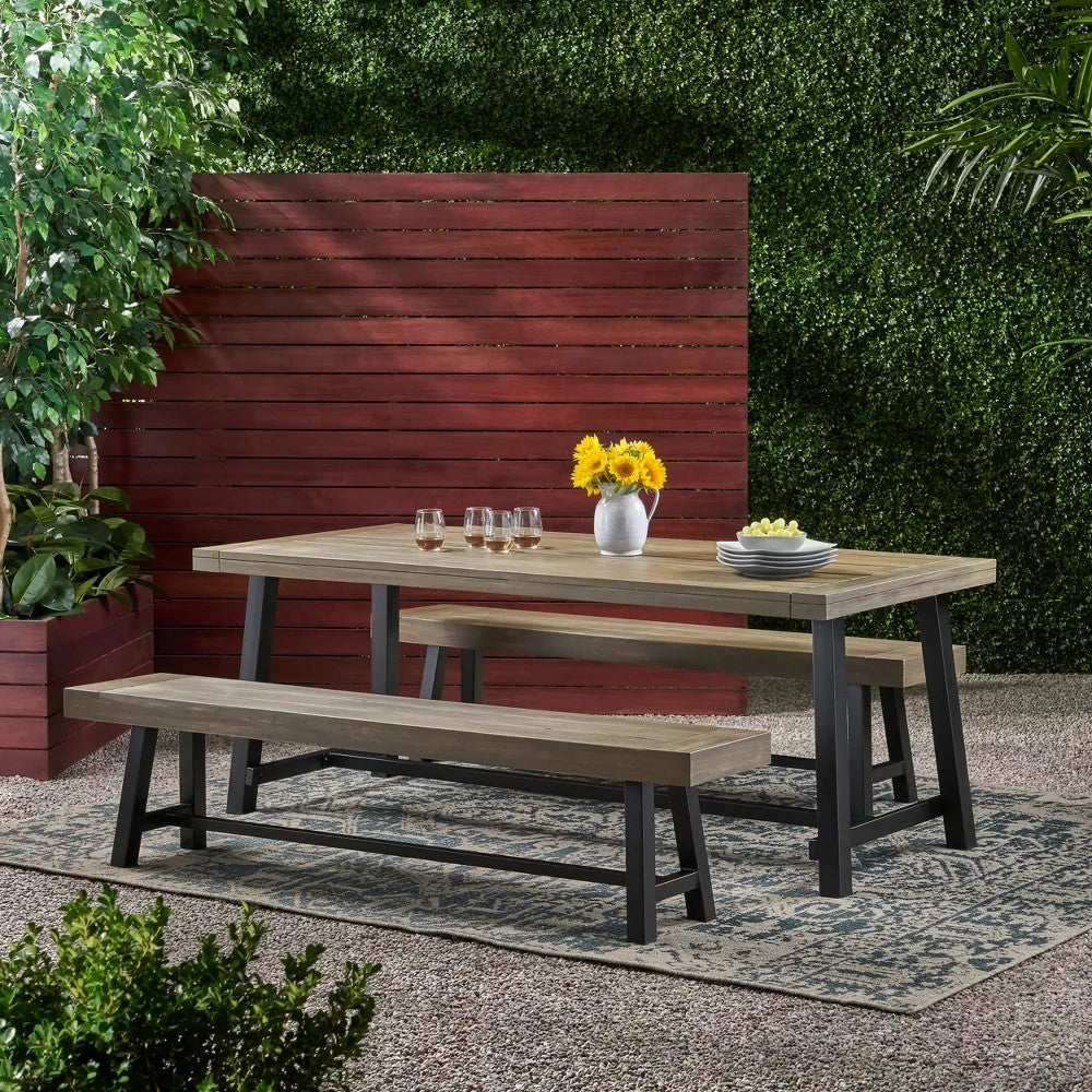 Outdoor Acacia Wood 3 Piece Picnic Dining Set, Gray and Rustic Metal