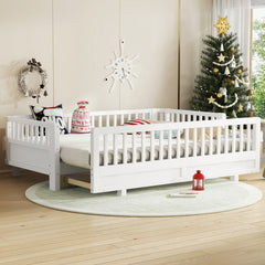 Twin XL Size Platform Bed with Guardrails, Solid Wood Twin XL Bed Frame, Can Be Converted into a Queen Platform Bed,White