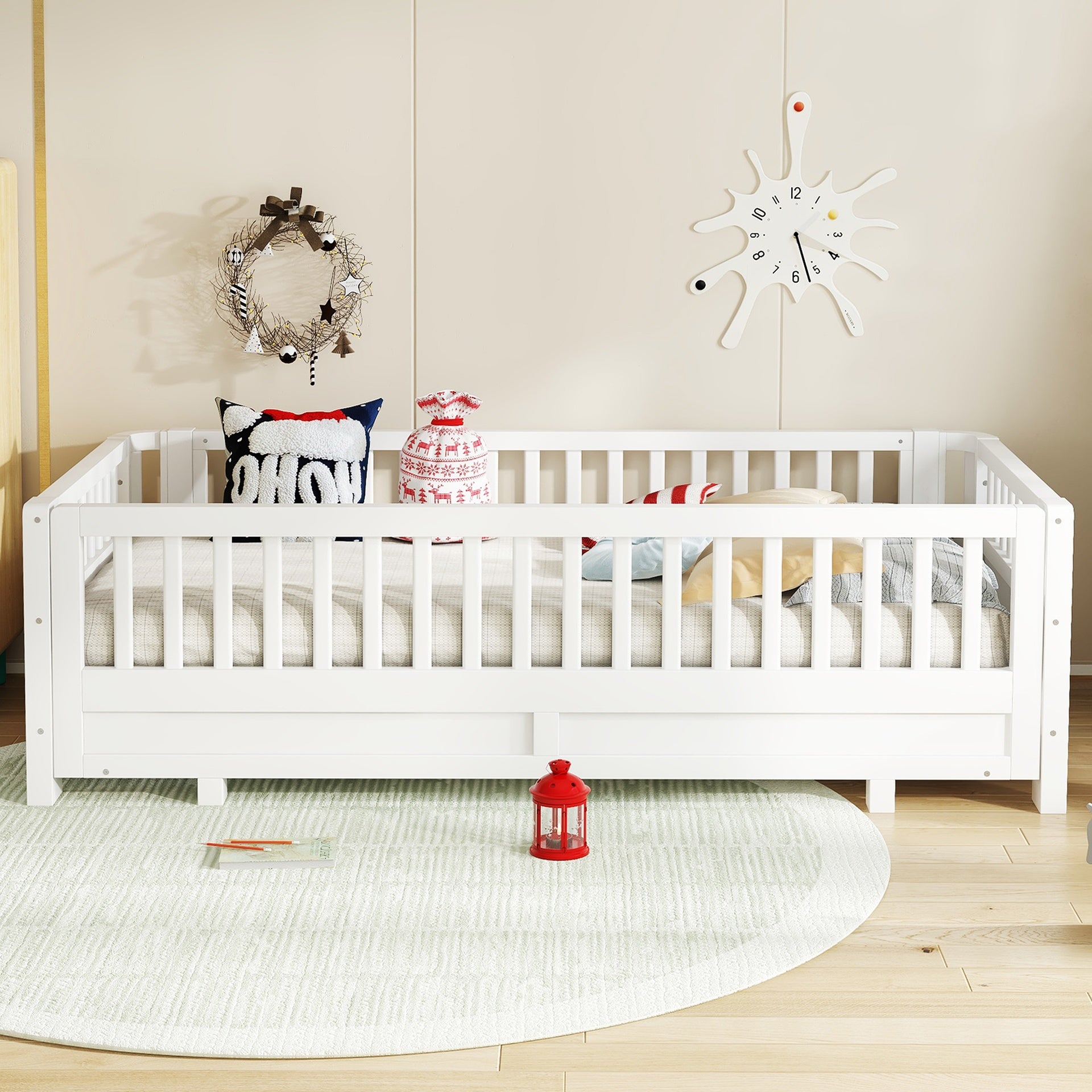 Twin XL Size Platform Bed with Guardrails, Solid Wood Twin XL Bed Frame, Can Be Converted into a Queen Platform Bed,White