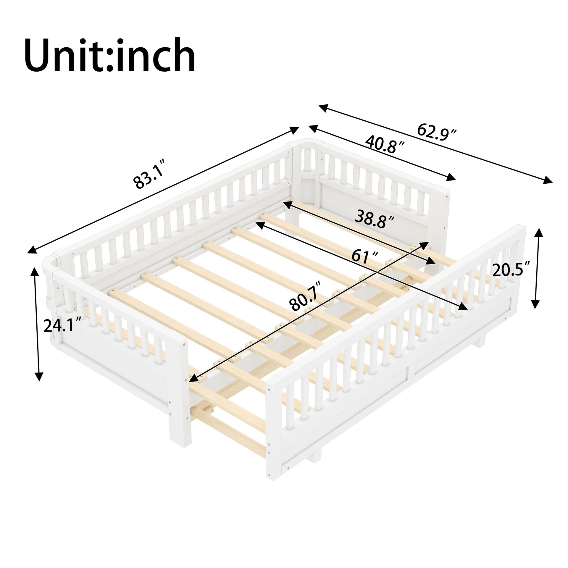 Twin XL Size Platform Bed with Guardrails, Solid Wood Twin XL Bed Frame, Can Be Converted into a Queen Platform Bed,White
