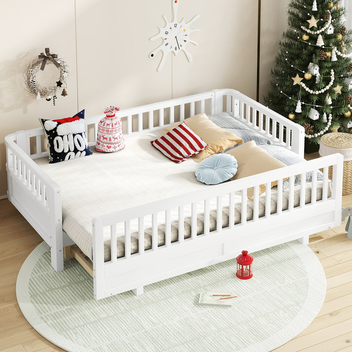 Twin XL Size Platform Bed with Guardrails, Solid Wood Twin XL Bed Frame, Can Be Converted into a Queen Platform Bed,White