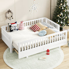 Twin XL Size Platform Bed with Guardrails, Solid Wood Twin XL Bed Frame, Can Be Converted into a Queen Platform Bed,White