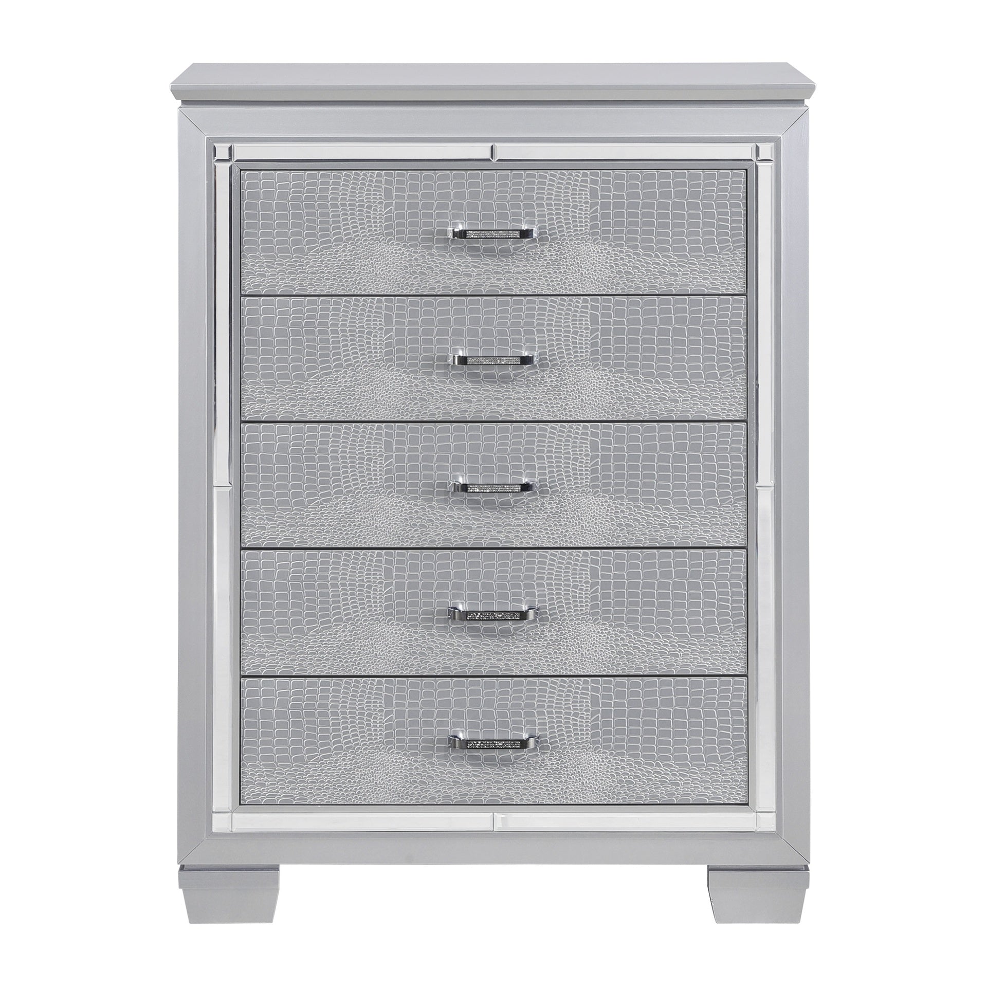 Glamourous Silver Finish 1pc Chest of 5x Dovetail Drawers Faux Alligator Embossed Fronts Bedroom Furniture