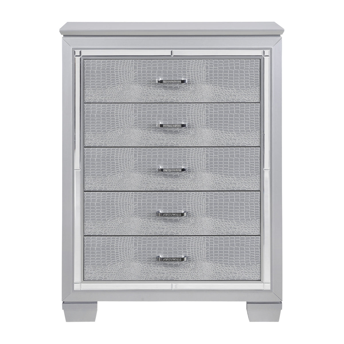Glamourous Silver Finish 1pc Chest of 5x Dovetail Drawers Faux Alligator Embossed Fronts Bedroom Furniture