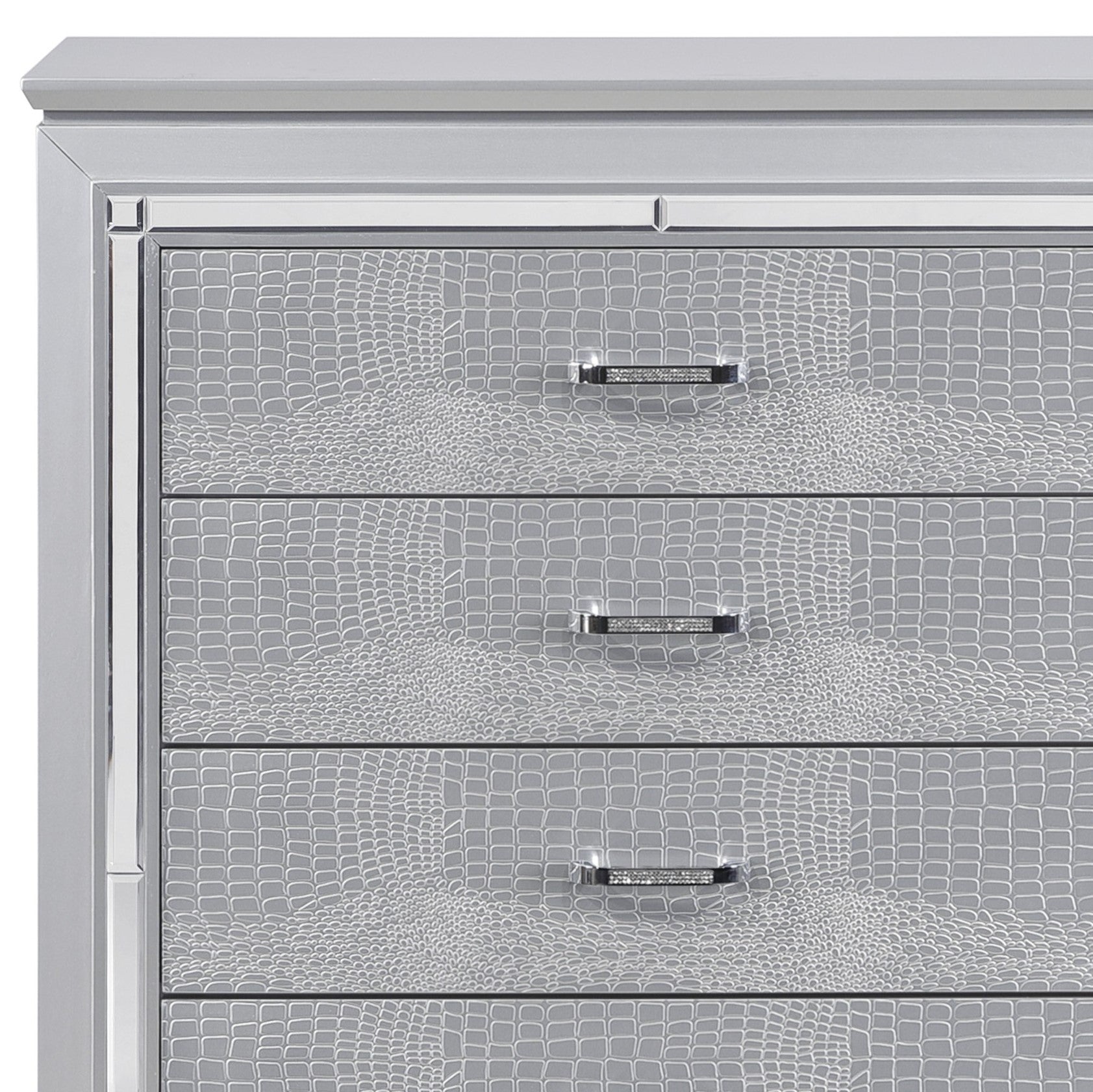 Glamourous Silver Finish 1pc Chest of 5x Dovetail Drawers Faux Alligator Embossed Fronts Bedroom Furniture