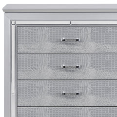 Glamourous Silver Finish 1pc Chest of 5x Dovetail Drawers Faux Alligator Embossed Fronts Bedroom Furniture