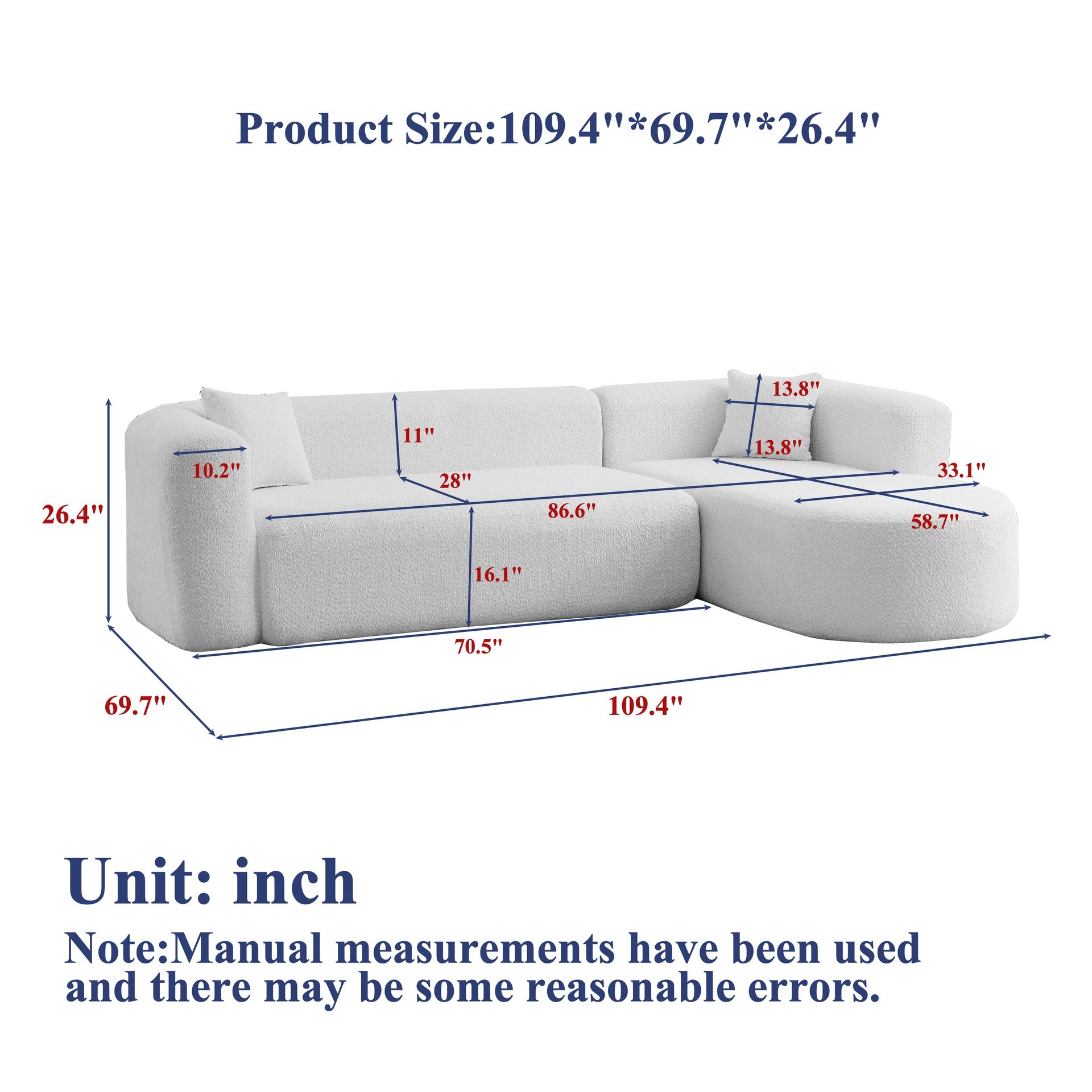 109.4" Modular Sectional Sofa Luxury Modern Curved Back Sofa,Chenille fabric two throw pillows,Minimalist Comfortable L-Shape Boneless Cloud Couch for Living Room Apartment (Right Chaise Black)
