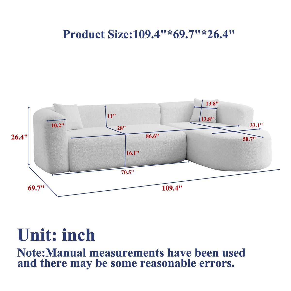 109.4" Modular Sectional Sofa Luxury Modern Curved Back Sofa,Chenille fabric two throw pillows,Minimalist Comfortable L-Shape Boneless Cloud Couch for Living Room Apartment (Right Chaise Black)