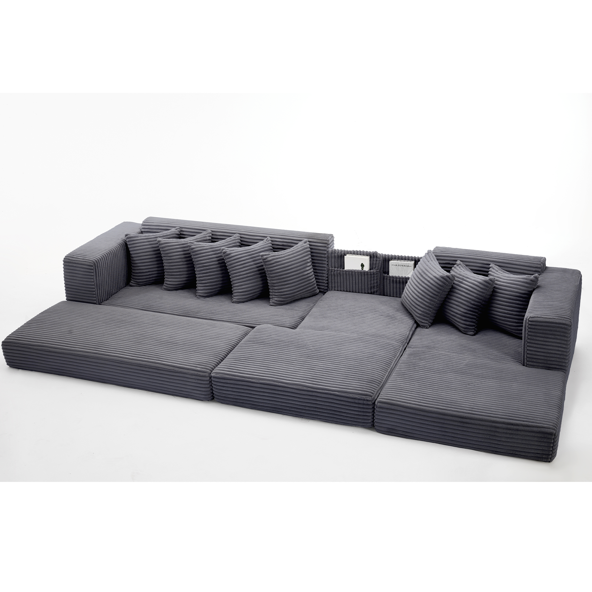 Oversize Cloud Couch, L-Shape Sofa, Convertible Floor Sleeper Sofa Bed, No Assembly ,Eight pillows,3-in-1,Magazine bag,(Right Facing Sofa),Corduroy,Dark Gray