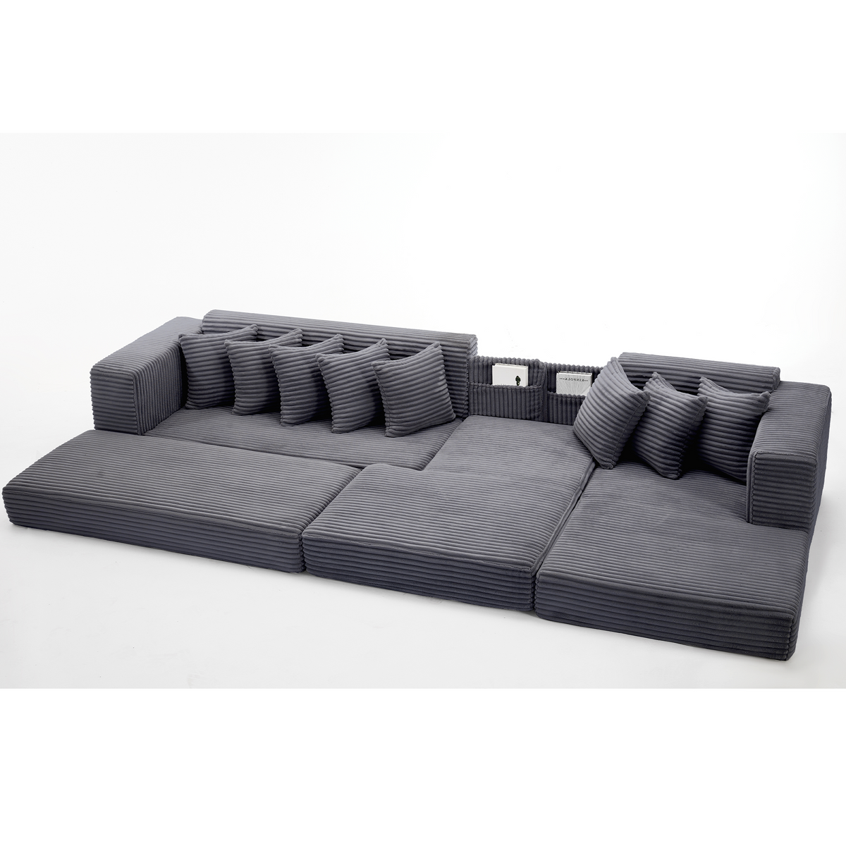 Oversize Cloud Couch, L-Shape Sofa, Convertible Floor Sleeper Sofa Bed, No Assembly ,Eight pillows,3-in-1,Magazine bag,(Right Facing Sofa),Corduroy,Dark Gray