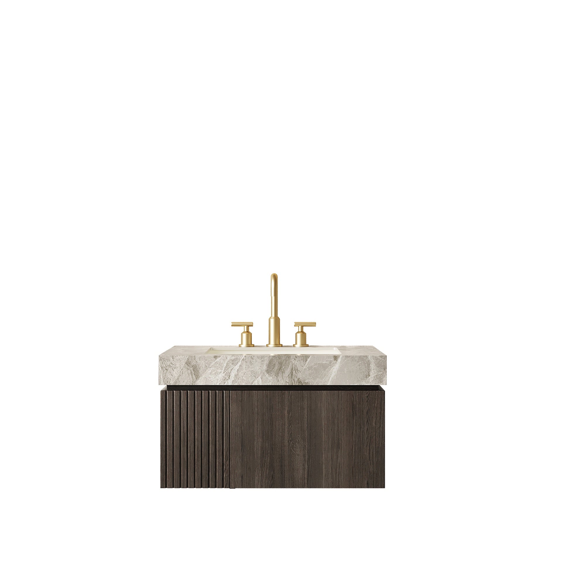 MURI 30" Bathroom Vanity&Sink, Floating Plywood Storage Cabinet with Drawer&Door, Light Gray Sintered Stone Top&Ceramic Basin with 3 Pre-drilled Faucet Holes, Pre-assembled, Espresso Woodgrain Color