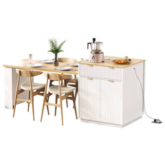 K&K 82.6" Fluted Kitchen Island with Extendable Dining Table for 4-6, Island Table for Kitchen with Power Outlet, Kitchen Table with Double-Side Storage, 2 Drawers 2 Side Open Shelves, White