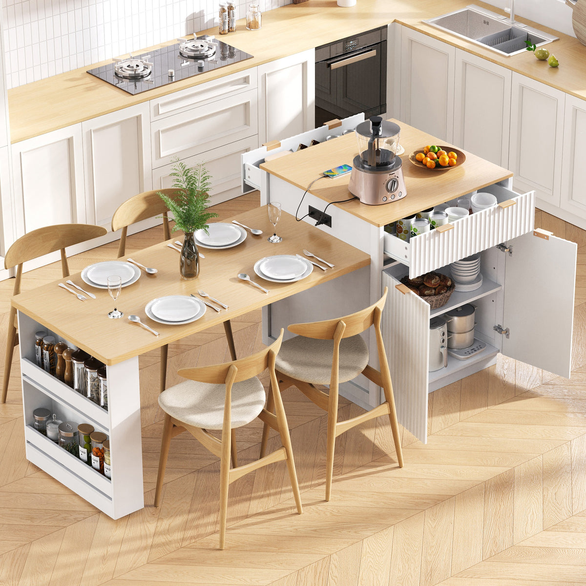 K&K 82.6" Fluted Kitchen Island with Extendable Dining Table for 4-6, Island Table for Kitchen with Power Outlet, Kitchen Table with Double-Side Storage, 2 Drawers 2 Side Open Shelves, White
