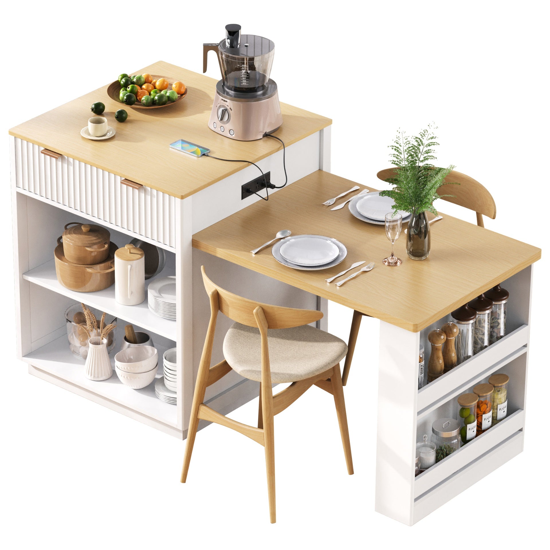 K&K 82.6" Fluted Kitchen Island with Extendable Dining Table for 4-6, Island Table for Kitchen with Power Outlet, Kitchen Table with Double-Side Storage, 2 Drawers 2 Side Open Shelves, White