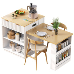K&K 82.6" Fluted Kitchen Island with Extendable Dining Table for 4-6, Island Table for Kitchen with Power Outlet, Kitchen Table with Double-Side Storage, 2 Drawers 2 Side Open Shelves, White